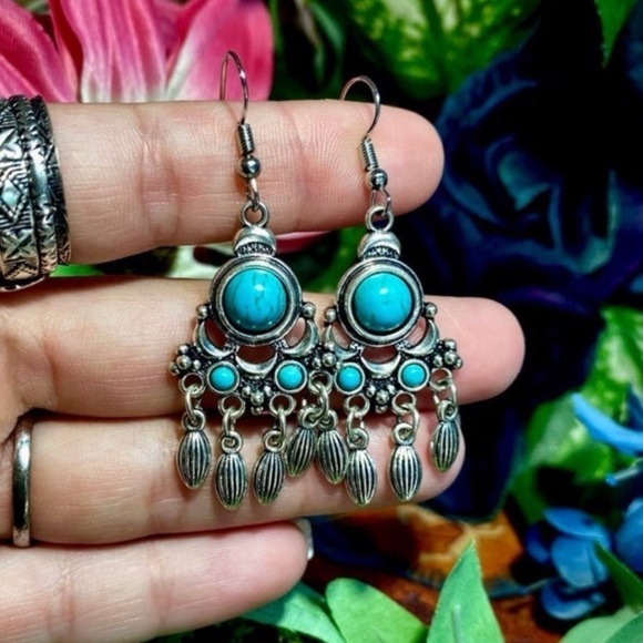Silver Turquoise dangle chandelier style earrings Turquoise Statement Earrings - Picture 7 of 9